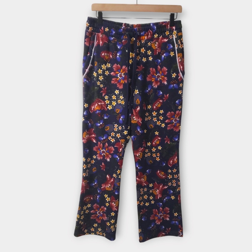 Anthro Daily Practice Botanical Floral French Fleece Kick Flare Pants Navy Small